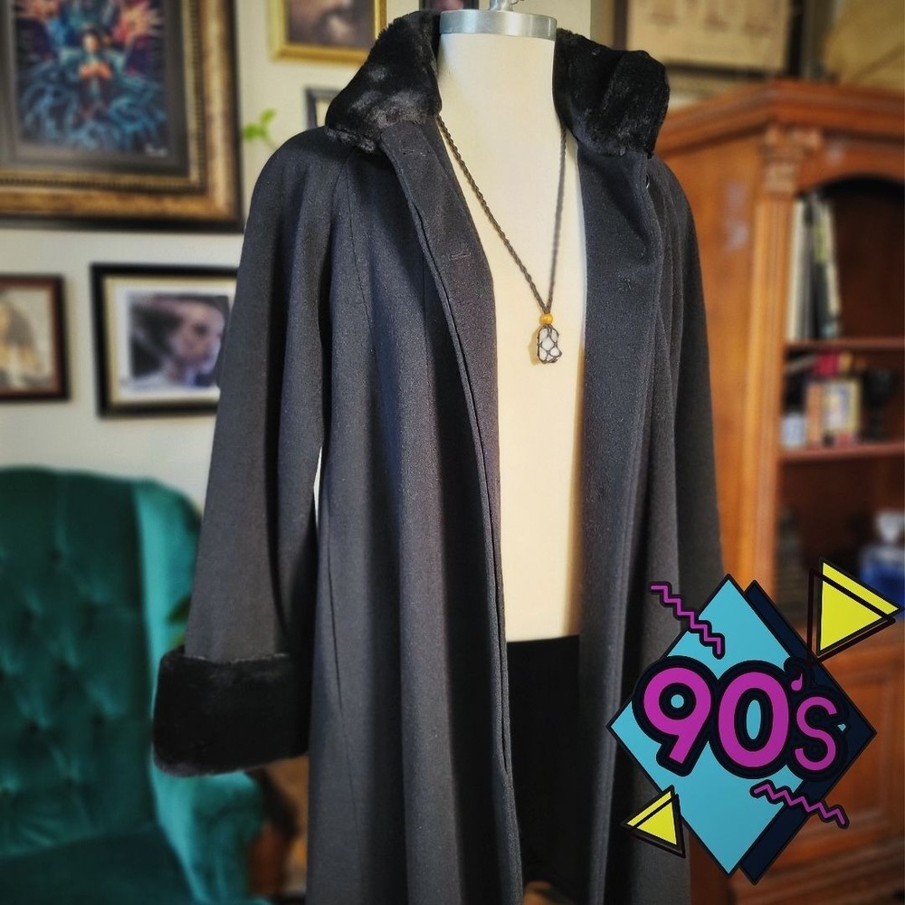 Steve by Searle Wool Coat Vintage 90s Black Faux Fur Trim Collar Cuff Size 4 USA